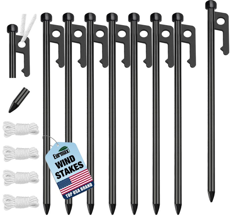 Eurmax USA 10 inch Multiuse Heavy Duty Steel Tent Stakes Tarp Pegs Camping Stakes for Outdoor Camping Canopy and tarp with 4 Ropes 10FT Length,8pcs(Black) - Image 1